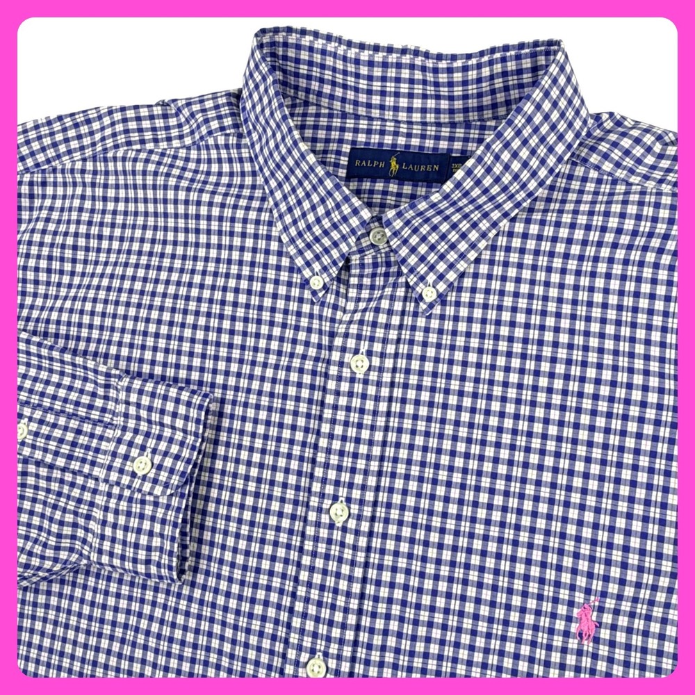 Ralph Lauren Button Down Shirt Men 3XB Blue Gingham Plaid Pink Pony Long Sleeve